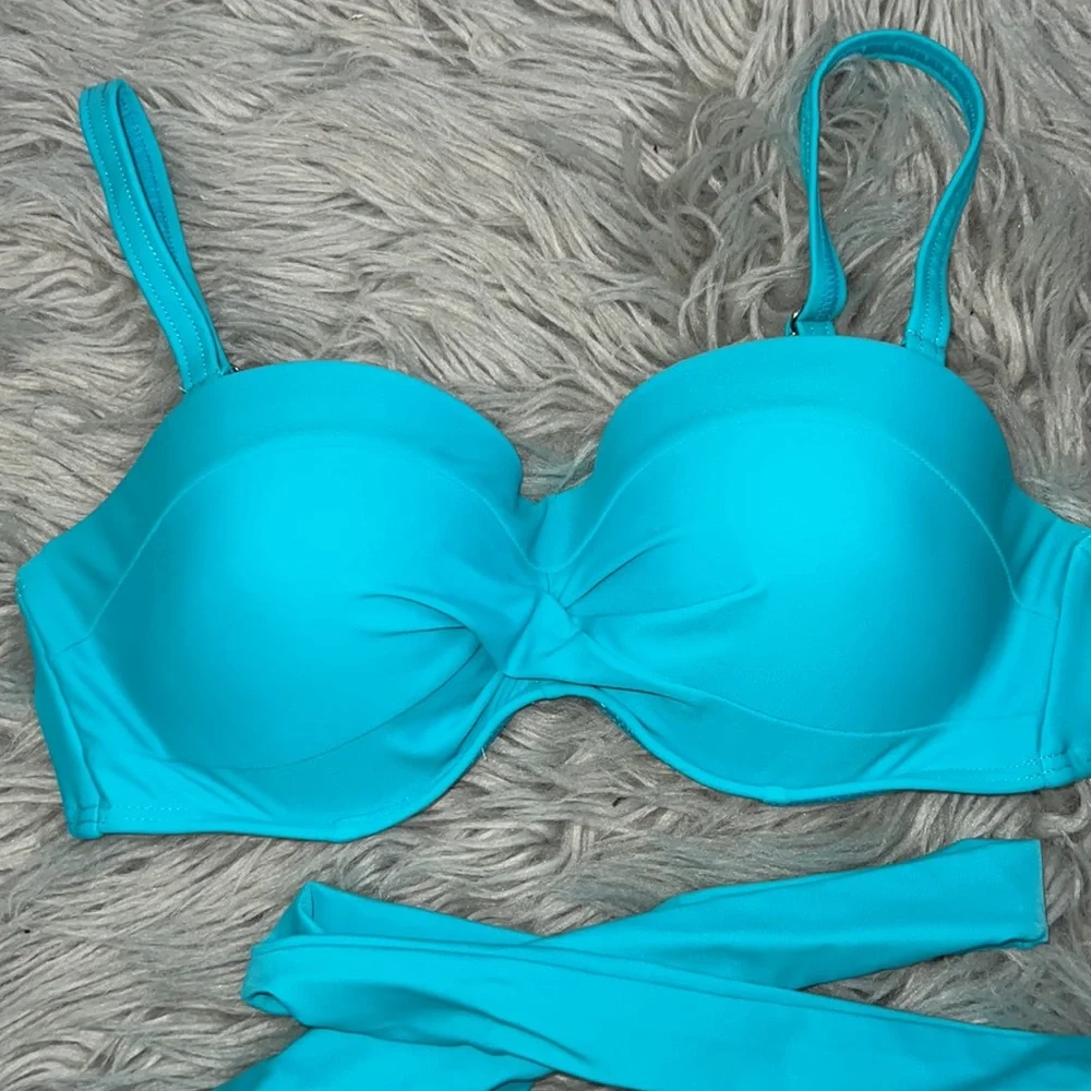 Venus Light Turquoise Blue Wrap Cut-Out Bottoms & Bandeau Twist Top Bikini